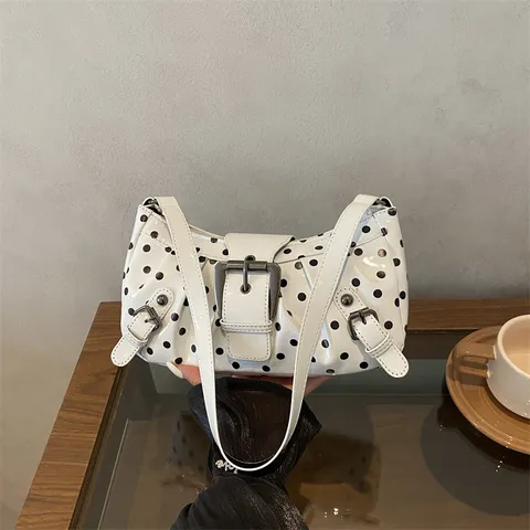 Vintage Polka Dot PU Leer Schoudertas Voor Dames Klinknagels Motorfiets Onderarmtas Gürtelschnalle Genaaid Handtas Dagelijks Casual Tas