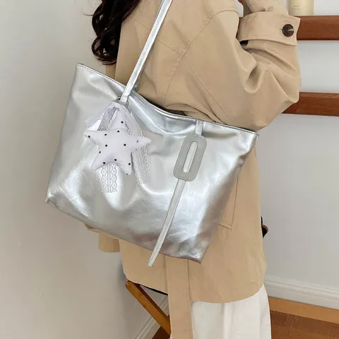 Sac Cabas de Grande Capacité en Cuir PU Rétro pour Femmes Mode Sac à Épaule Surpiqûre Navette Fermeture Éclair Sac Seau Sous-bras