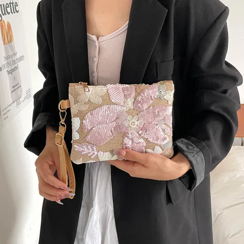Pochette Ricamata con Paillettes in Lino Stile Neo Cinese da Donna Borsa a Mano Floreale Vintage Con Cinturino da Polso Cerniera Festa