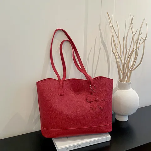 Bolso Tote Minimalista para Mujer Cuero PU Grano Lichi Gran Capacidad Bolso de Hombro Con Adorno de Flor Moda Urbana