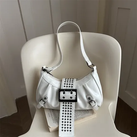 Vintage PU Leer Schoudertas Okseltas Met Gesp Klinknagels Motorfiets Hobo Tas Punk Wasteland Streetwear Tassen Voor Dames
