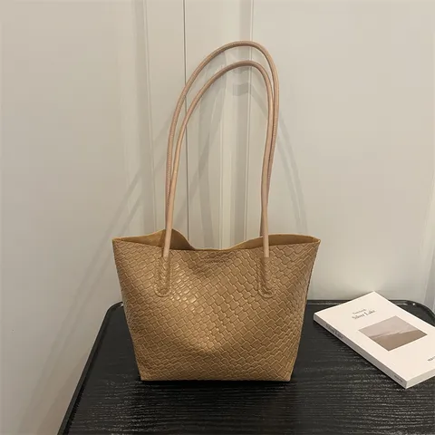 Dames Geweven Tote Tas Grote Capaciteit Schouder Onderarmtas Minimalistische Kunstleren Weeftas Casual Boodschappentas Sieraden