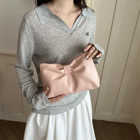 French Chic Bow PU Leather Clutch Bag For Women Elegant Minimalist Small Square Handheld Bag Luxury Evening Handbag For Daily Party
