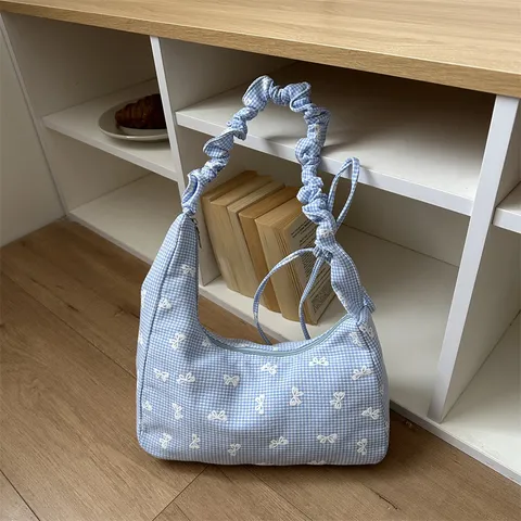 Korean Style Niche Design Bowknot Canvas Tote Bag For Women Plaid Shoulder Bag Foldable Shopping Bag Sweet Ruched Underarm Bag Fashion Casual Handbag