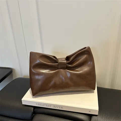 Women Trendy PU Leather Bowknot Clutch Bag Minimalist Solid Color Commuting Underarm Shoulder Bag Chic Cloud Crossbody Bag