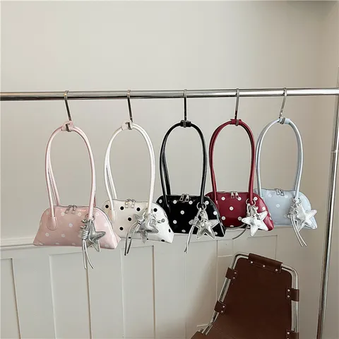 Dulce Bolso Bowling de Lunares Bolso de Mano de Cuero PU de Moda Lindo Bolso de Hombro Cruzado Con Colgante de Estrella Para Mujer