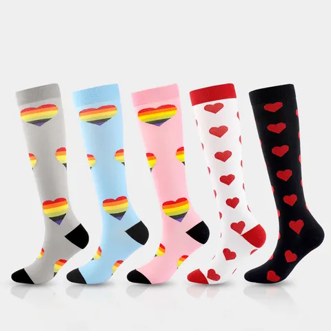 Women Compression Socks Athletic Running Cycling Long Tube Stockings Gradient Rainbow Heart Print Nylon Sports Socks