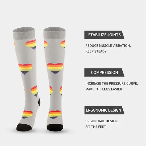 Women Compression Socks Athletic Running Cycling Long Tube Stockings Gradient Rainbow Heart Print Nylon Sports Socks