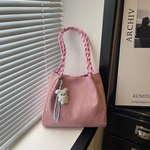 Women Fashion Woven Tote Bag Large Capacity Casual Shoulder Bag Daily Commuting All Match Handbag Fabric Top Handle Bag