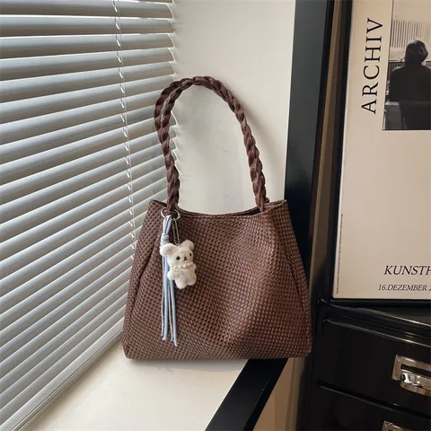 Women Fashion Woven Tote Bag Large Capacity Casual Shoulder Bag Daily Commuting All Match Handbag Fabric Top Handle Bag