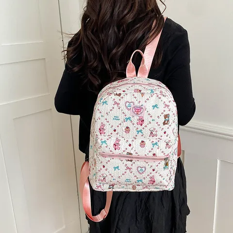 Cute Cartoon Animal Print Backpack for Girls Korean Style Pink Fabric Student School Bag Niche Design Large Capacity Backpack