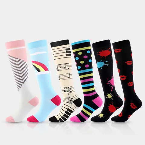 Chaussettes de Compression Sportives Unisexe en Nylon Respirant Sport Course Longues Bas Coloré Imprimé Support de Jambe