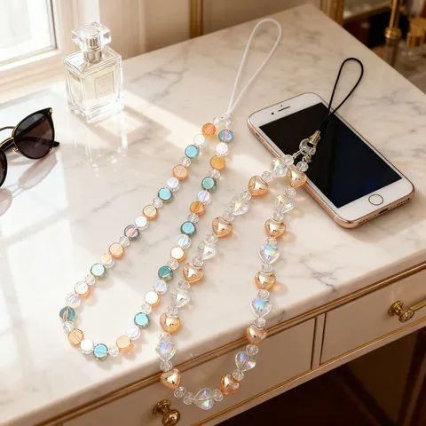 Beaded Phone Chain Crystal Heart Round Beads Hand Strap Anti-lost Lanyard Short Wristlet Charm Fashion Jewelry For Women