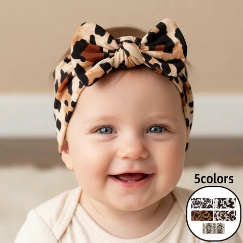 Fascia Capelli Neonato Turbante Infante Fascia Elastica Morbida Poliestere Fiocco Largo Stampa Leopardata Neonata Ragazze