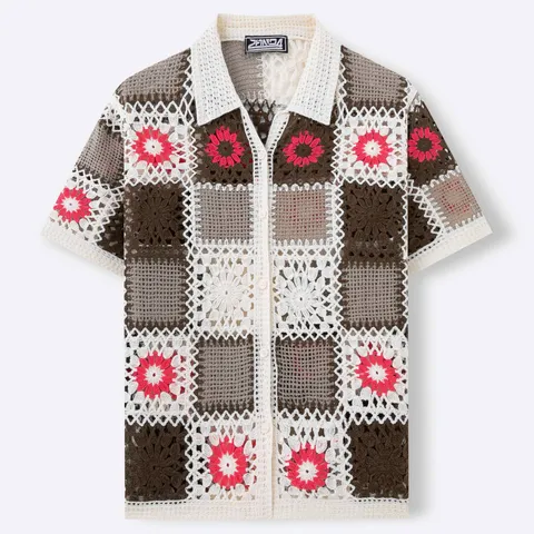 Polo de Punto de Crochet Calado con Patchwork Geométrico Retro Americano para Hombre Manga Corta Cárdigan Vintage Top