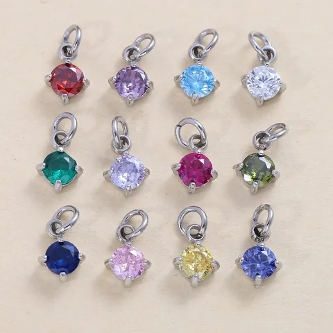 Round Birthstone Zirconia Mini Pendant Stainless Steel Claw Plated CZ Charm For DIY Jewelry Making Accessories