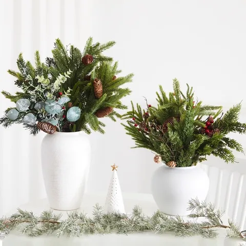 Artificial Christmas Pine Branches Stems With Red Berries Natural Pine Cones Faux Snow Frosted For Holiday Vase Decor