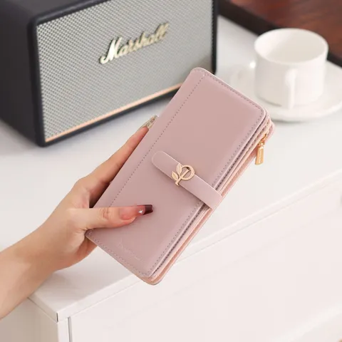 Women Long Wallet PU Leather Quilted V-Stitch Clutch Purse With Metal Flower Buckle Multiple Card Slots Simple Elegant Fashion Handbag