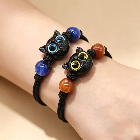 Handmade Braided Rope Cat Bracelet With Natural Tiger Eye Stone Beads Adjustable Animal Bracelet For Women Men Couple Jewelry