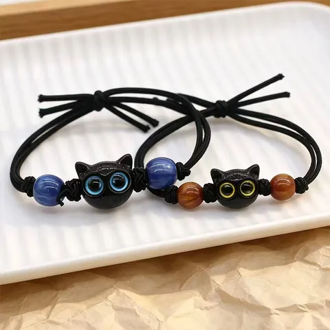 Handmade Braided Rope Cat Bracelet With Natural Tiger Eye Stone Beads Adjustable Animal Bracelet For Women Men Couple Jewelry