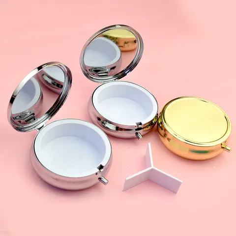 Portapillole Rotondo in Metallo Portatile Con Specchio per Trucco Multivani Contenitore per Gioielli Argento Organizzatore per Medicine da Viaggio