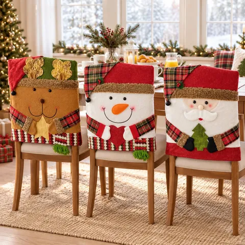 Christmas Chair Covers Santa Claus Snowman Reindeer Pattern Plaid Fabric Chair Back Covers For Holiday Party Decoration