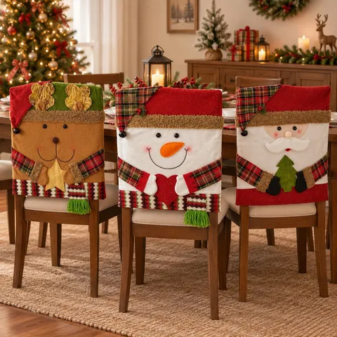 Christmas Chair Covers Santa Claus Snowman Reindeer Pattern Plaid Fabric Chair Back Covers For Holiday Party Decoration