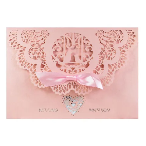 European Laser Cut Wedding Invitation Cards With Ribbon Pearlescent Paper Hollow Lace Bird Heart Greeting Cards For Party Wedding