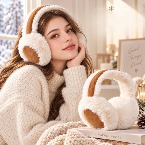 Winter Warm Plush Earmuffs For Women Men Foldable Windproof Faux Leather Cold Protection Maillard Style Fluffy Ear Covers