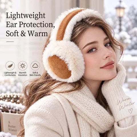 Winter Warm Plush Earmuffs For Women Men Foldable Windproof Faux Leather Cold Protection Maillard Style Fluffy Ear Covers
