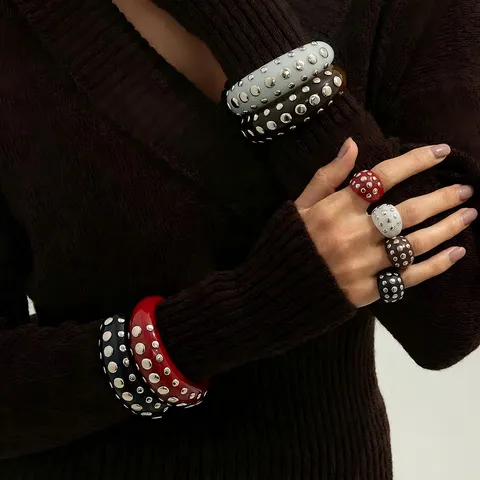 Vintage Punk Resin Rivet Rhinestone Open Bangle And Ring For Women Fashion Amber Tortoiseshell Pattern Chunky Jewelry