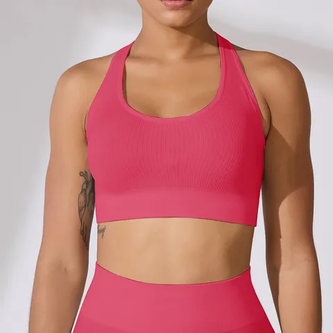 Dames High Impact Sportbeha Nylon Elastaan Geribbelde Yoga Top Schokbestendig Vaste Cups Gekruiste Rug Fitness Tank Top