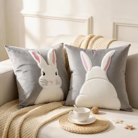 Velvet Rabbit Throw Pillow Cover Embroidery Cute Bunny Sofa Cushion Case Soft Home Decor Luxury