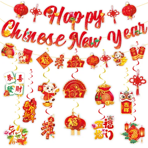 2026 Chinesisches Neujahr Party Deko Set Jahr Des Pferdes Alphabet Banner Spiralen Rot Gold Papier Girlande Für Haus Party