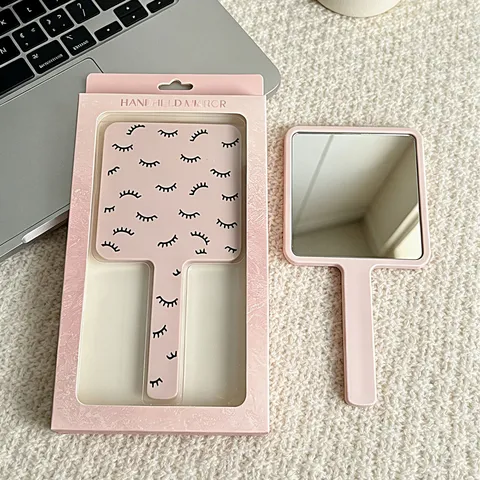 Handheld Makeup Mirror Square Portable Vanity Mirror With Handle Eyelash Pattern Plastic Frame For Women Girls Travel
