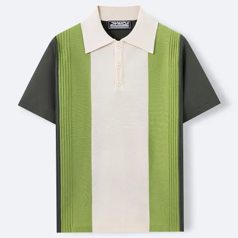 Men's Casual Knitted Viscose Polo Shirt Color Block Contrast Stitching Short Sleeve Slim Fit Business Polo Top