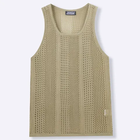 Men's Hollow Out Knitted Tank Top Casual Sleeveless Summer Breathable Mesh Vest Deep U-Neck Acrylic Cotton Top