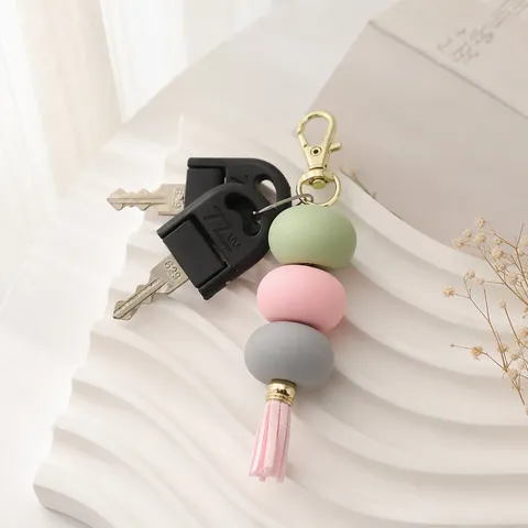 Macaron Color Acrylic Beads Tassel Keychain Pendant For Bags Golden Lobster Clasp Fresh Sweet Style Keyring For Women Girls