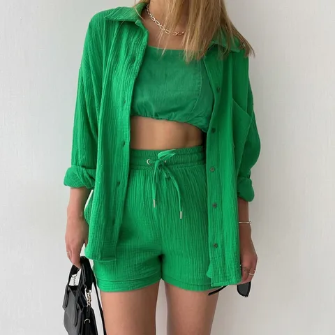 Dames Casual Gekreukelde Katoenen Outfit Top En Bottom Lange Mouw Revers Overhemd Hoge Taille Trekkoord Shorts Vakantie Lounge Wear
