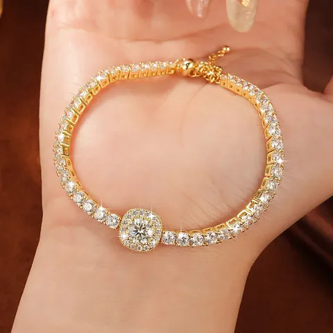 Verstellbares Einreihiges Zuckerwürfel Moissanit Armband Für Damen Süßes Leichtes Luxus Kupfer Versilbert Vergoldet Schmuck Geschenk
