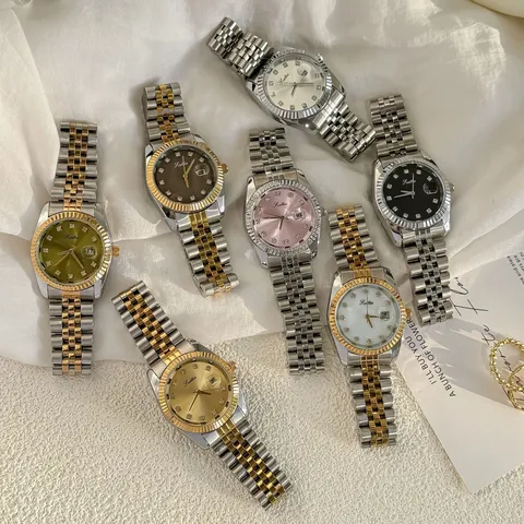 Scottie Luxury Women Quartz Watch Stainless Steel Alloy Rhinestone Date Waterproof Fluted Bezel Jubilee Bracelet Wristwatch