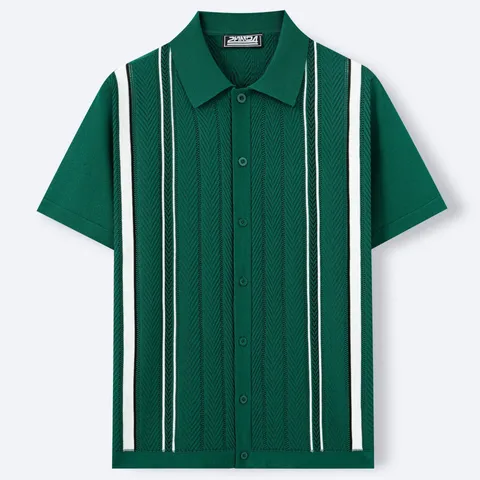Men's Striped Knitted Polo Shirt Short Sleeve Business Casual Slim Fit Cardigan Top With Herringbone Texture Summer Knitwear