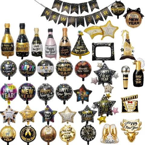 Gelukkig Nieuwjaar Folieballonnen Champagnefles En Stervorm Mylar Ballon Feestelijke Feestdecoratie Zwart Goud