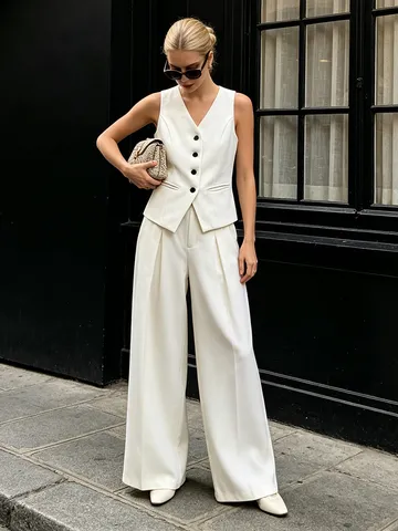 Traje De Mujer Chaleco Casual Estilo Coreano Y Pantalón De Pierna Ancha Elegante Chaleco Con Botones Cuello En V Y Pantalón