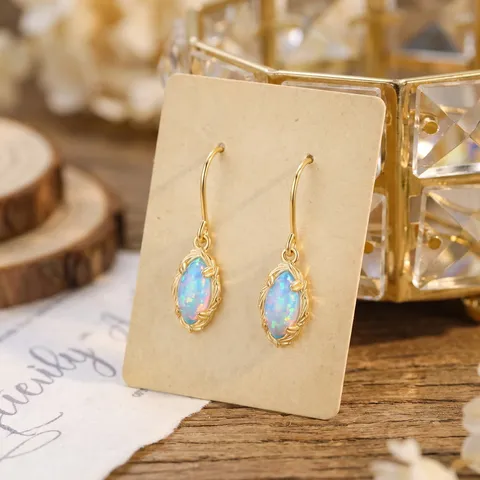 Vintage 925 Sterling Silver Synthetic Opal Dangle Earrings For Women Japanese Style Gold Plated Elegant Leaf Texture Jewelry