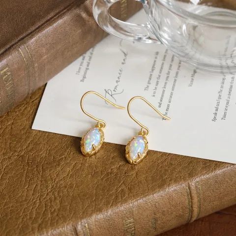Vintage 925 Sterling Silver Synthetic Opal Dangle Earrings For Women Japanese Style Gold Plated Elegant Leaf Texture Jewelry