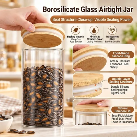 Bocaux De Conservation En Verre Avec Couvercles En Bambou Hermétiques Récipients En Borosilicate Pour Cuisine Grains