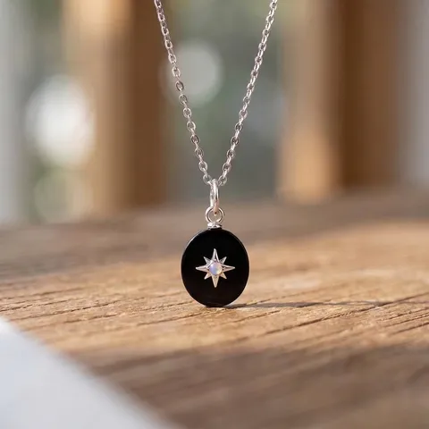 S925 Sterling Silver Star Black Onyx Pendant Necklace For Women Minimalist Oval Synthetic Opal Fashion Neck Jewelry Gift