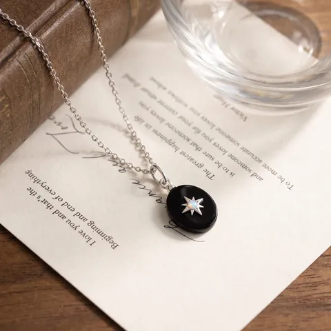 S925 Sterling Silver Star Black Onyx Pendant Necklace For Women Minimalist Oval Synthetic Opal Fashion Neck Jewelry Gift