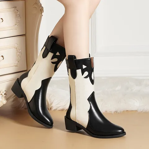 Vintage Women Western Cowboy Ankle Boots Chunky Heel Patchwork Pointed Toe PU Leather Embroidered Stitching Winter Boots